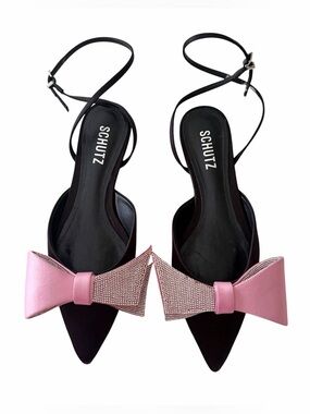 Schutz | Kirsten Pointed Toe Flats Satin Rhinestone Crystal Bow Pink Black 5.5